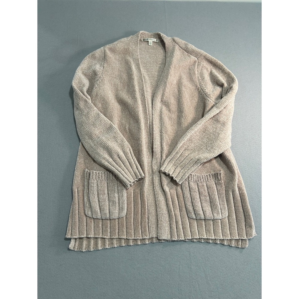 Seven7 Cardigan Women XL Tan Chenille Ribbed Knit Open Front Pocket Sweater